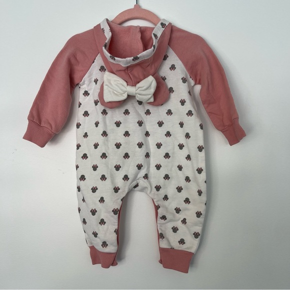 Disney Baby Minnie Mouse Ears Pink Bow Hoodie Footie 3-6M Cotton Blend One Piece - Picture 4 of 13